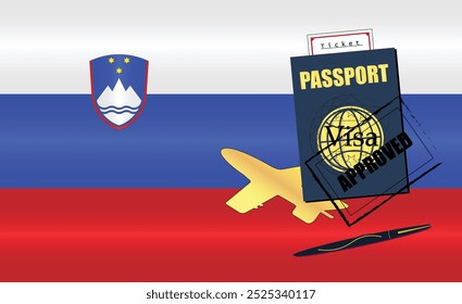 Slovenian Travel Documentation Concept with blue Passport and Slovenia Flag. Approved Stamp. Airplane and Travel Tickets. Ideal for Immigration Tourism and Traveling Themes. Vector EPS available