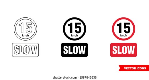 Slow 15 Km-h prohibitory sign icon of 3 types: color, black and white, outline. Isolated vector sign symbol.
