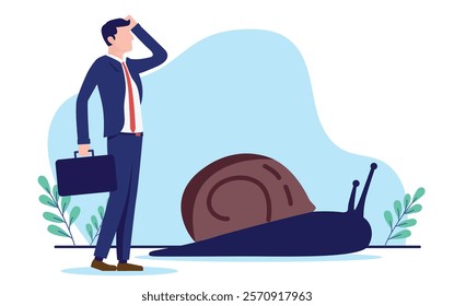 Slow boring business - Frustrated businessman holding hand in face, feeling bored and unsatisfied for lack of progress and growth in bureaucracy. Flat design vector illustration on white background