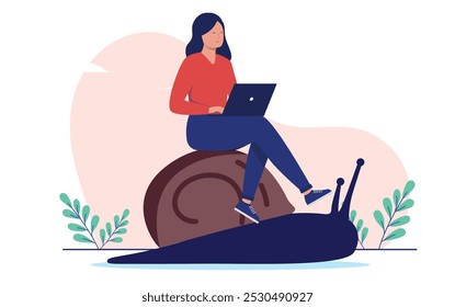 Lento trabalho aborrecido - mulher não realizada pessoa sentada no caracol trabalhando no computador movendo-se lentamente na carreira e nos negócios com a falta de progresso e desenvolvimento. Ilustração de stock de vetor de design plano