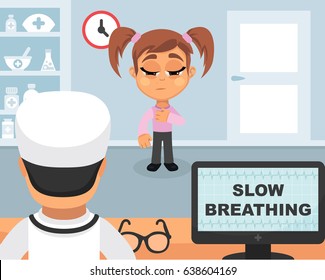 Slow breathing medical concept. Vector illustration. Doctor and patient are talking in the hospital. Isolated on white background.