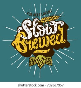 Slow Brewed Craft Beer Script Lettering Label Design With Sunrise, Hops And Wheats Illustration. Vector Graphic.
