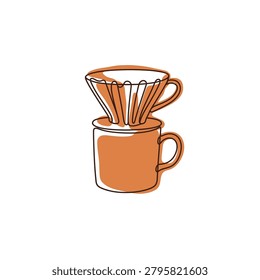 Slow brewing ceramic coffee cone dripper on a mug design in continuous line art and terracotta color blocks.