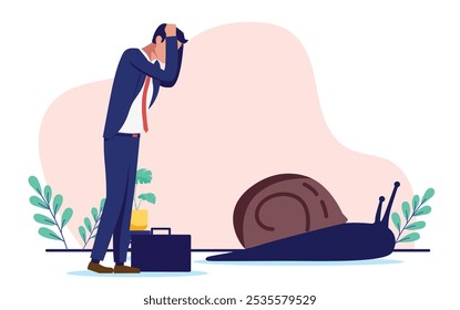 Slow business and career - Sad bored businessman person standing still with snail feeling lack or no progress in life and company. Unsatisfied and unfulfilled concept in flat design vector graphic