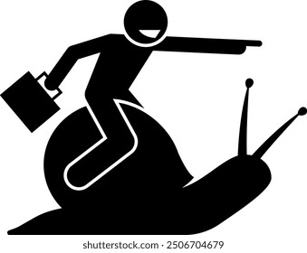 Slow business progress clip art icon symbol. Patience is key concept. Businessman riding a slow snail. 
Isolated flat vector illustration. 