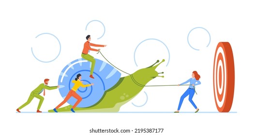 Slow Business Progress, Laziness Or Procrastination, Unproductive Work Efficiency Concept. Business Characters Riding and Pulling Snail Trying To Reach Target. Cartoon People Vector Illustration