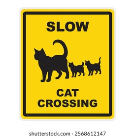 Slow cat crossing the street. Yellow sign for cats - Vector Illustrastion