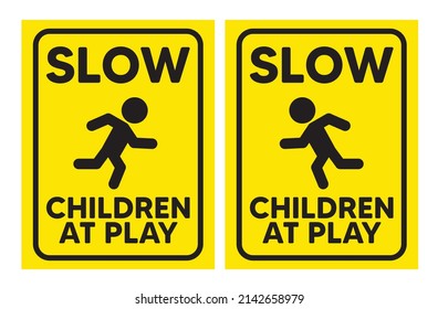 Los niños lentos en juego en el fondo amarillo con pictograma pueden ser usados para señas de niños de juguete señalización de señalización de señalización de calle de fácil uso de los pasos vectoriales.