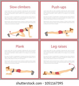 Slow climbers and push ups set of tabata exercises, posters collection with text sample and tabata exercises vector illustration isolated on white