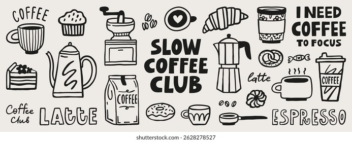 Slow coffee club doodle graphic elements. Hand drawn vector set. Coffee lettering quote