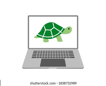 Slow computer illustration. Turtle symbol on the screen of and an laptop. Concept. Vector.