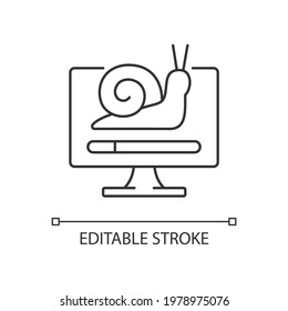 Slow computer linear icon. Waiting for loading. Connect to network, issue with internet traffic. Thin line customizable illustration. Contour symbol. Vector isolated outline drawing. Editable stroke