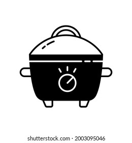 Slow cooker black linear icon. Electric utensil for food preparation. Pot for cooking meal. Small kitchen appliance. Household technology. Outline symbol on white space. Vector isolated illustration