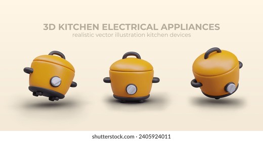 Slow cooker in different positions on yellow background with place for text. Concept of electric kitchen home appliance. Vector illustration in realistic 3d style