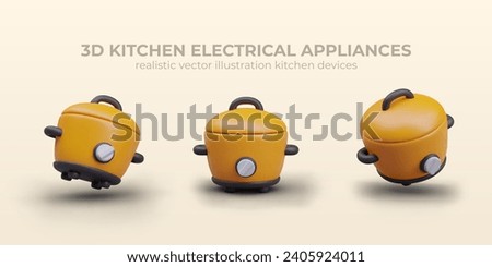Slow cooker in different positions on yellow background with place for text. Concept of electric kitchen home appliance. Vector illustration in realistic 3d style