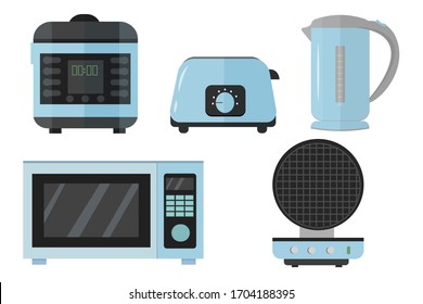 Cocina lenta, hervidor eléctrico, tostadora, microondas, fregadero en el diseño vectorial. Ilustración gráfica de los equipos de cocina en colores metálicos azules aislados en fondo blanco.