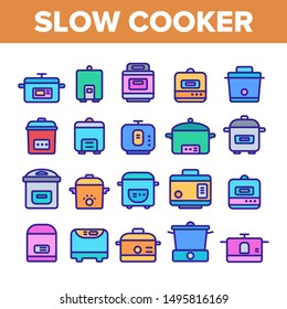 Slow Cooker Elements Collection Vector Icons Set Thin Line. Different Cooker Kitchenware Concept Linear Pictograms. Modern Cooking Food Equipment And Gadgets Monochrome Contour Illustrations