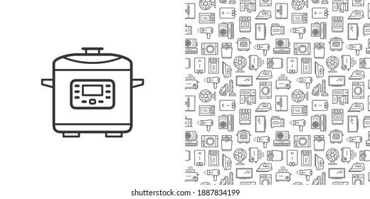 Slow cooker icon and vector seamless pattern with household appliances. Line style icons isolated on white background