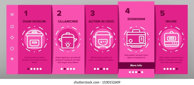 Slow Cooker Onboarding Mobile App Page Screen Vector Icons Set Thin Line. Different Cooker Kitchenware Concept Linear Pictograms. Modern Cooking Food Equipment And Gadgets Contour Illustrations