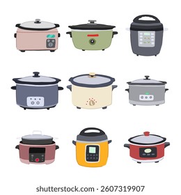 slow cooker set cartoon. chicken pork, vegetables potatoes, rice beans slow cooker sign. isolated symbol vector illustration