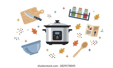 A slow cooker surrounded by autumn leaves, a cutting board with a knife, a mixing bowl, a spice rack, a wooden spoon, and recipe cards.