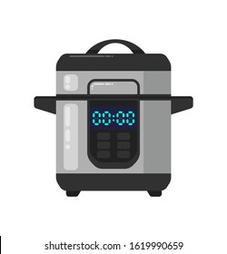 Slow cooking crock pot isolated on white. Electric crock pot slow cooker. Electronic crock pot with display. Steamer or steam cooking chamber. Kitchen device. Cooking equipment. Vector in flat style