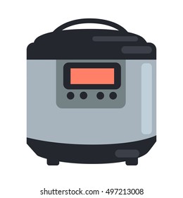 Slow Cooking Crock Pot Isolated On White. Electric Crock Pot Slow Cooker. Electronic Crock Pot With Display. Steamer Or Steam Cooking Chamber. Kitchen Device. Cooking Equipment. Vector In Flat Style