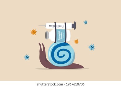 Slow COVID-19 Coronavirus vaccine in developing countries, snail slowly walk with load of COVID-19 vaccine bottle and syringe with virus pathogen.