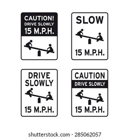Slow down children at play caution traffic sign vector set