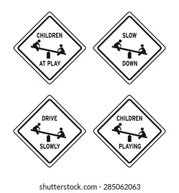 Slow down children at play caution traffic sign vector set