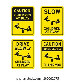 Slow down children at play caution traffic sign vector set