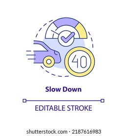 Slow down concept icon. Adjust your speed at night. Driving safety at night abstract idea thin line illustration. Isolated outline drawing. Editable stroke. Arial, Myriad Pro-Bold fonts used