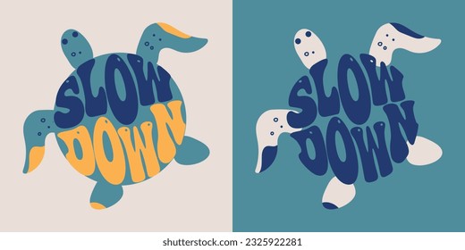 Slow down. Retro groovy lettering. Retro slogan in round shape.Vector turtle icon illustration for greeting card, t shirt, print, stickers, posters design on white background.