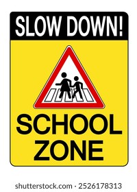 Slow down, school zone. Warning triangle sign with people on crosswalk inside a yellow signboard. Text above e below.