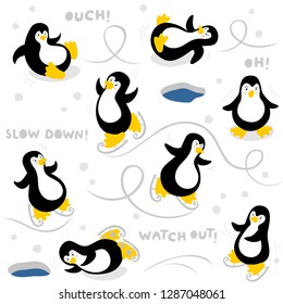slow down watch out ice skating little penguins on frozen sea winter seamless pattern on white background
