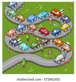 Slow driver stops traffic on winding street (isometric cartoon)