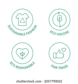 Slow fashion badge. Sustainable fashion line icon set. Eco viscose product logo. Organic cotton, natural dyes, renewable crop label. Fair trade. Conscious development. Vector illustration.