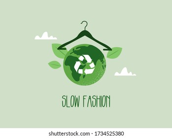 Slow Fashion Concept. Earth Planet And Clothes Hanger. Reuse, Reduce, Recycle. Vector 