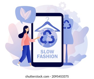 Slow fashion concept. Earth planet, clothes hanger and mannequin. Sustainable fashion. Reuse, reduce, recycle. Eco-friendly manufacturing. Modern flat cartoon style. Vector illustration 