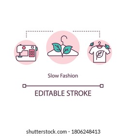 Slow fashion concept icon. Sustainable consumption of clothes. Ecological production. Ethical manufacturer idea thin line illustration. Vector isolated outline RGB color drawing. Editable stroke