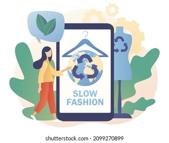 Slow fashion concept. Sustainable fashion. Earth planet, clothes hanger and mannequin. Reuse, reduce, recycle. Eco-friendly manufacturing. Modern flat cartoon style. Vector illustration 