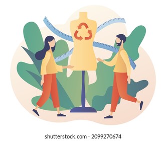 Slow fashion concept. Sustainable fashion. Ethical fabric. Mannequin. Reuse, reduce, recycle. Eco-friendly manufacturing. Natural and quality clothes. Modern flat cartoon style. Vector illustration 