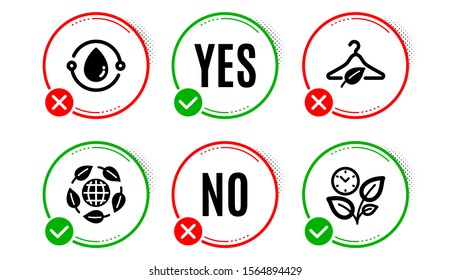 Slow fashion, Eco organic and Cold-pressed oil icons simple set. Yes no check box. Leaves sign. Eco tested, Bio ingredients, Organic tested. Grow plant. Nature set. Slow fashion icon. Vector