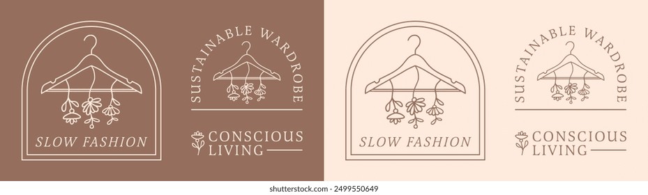 Slow fashion sustainable eco conscious living logo stickers labels design bundle pack women female clothing shop store decor. Boho retro elegant floral aesthetic coat hanger illustration cut file.