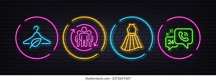 Slow fashion, Teamwork and Dress minimal line icons. Neon laser 3d lights. 24h service icons. For web, application, printing. Eco tested, Employees change, Female skirt. Call support. Vector
