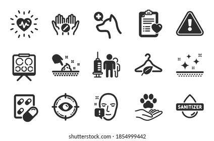 Slow fashion, Vision board and Face attention icons simple set. Eye target, Hand sanitizer and Capsule pill signs. Pets care, Medical tablet and Veterinary clinic symbols. Flat icons set. Vector