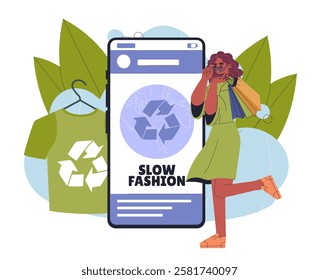 Slow fashion woman. Young girl in clothes from recyclable materials. Caring for nature and environment. Reducing release of harmful waste into atmosphere. Flat vector illustration