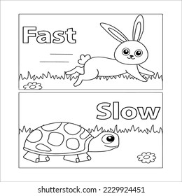 SLOW and FAST antonyms word card vector template. Opposites concept. Flashcard for english language learning. The rabbit runs fast, the snail crawls slowly