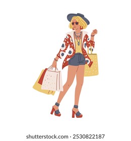 Moda lenta e rápida. Ilustração vetorial de uma mulher em roupas brilhantes da moda com bolsas nas mãos. Consumo de bens de baixa qualidade. Estilo plano em um plano de fundo isolado.