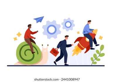 Slow and fast strategy for career growth. Business competition for tiny people, employees fly on rocket and ride on snail, boost development of skills with motivation cartoon vector. 3D Illustration